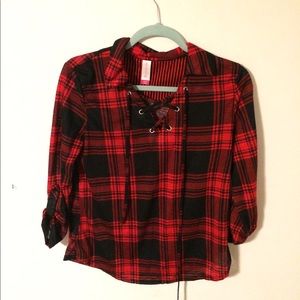 Red and black flannel with criss cross string